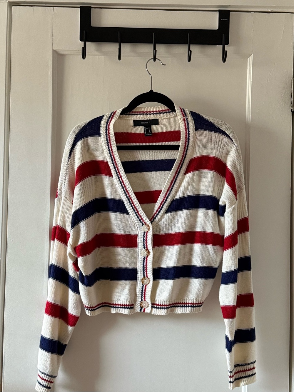 Red & Navy Striped Cropped Cardigan Sweater